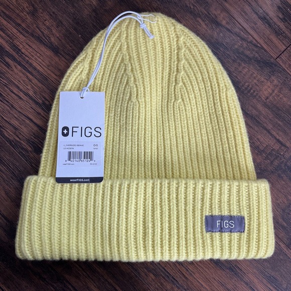 New FIGS Ribbed Oversized Merino Wool Cable Knit Beanie Yellow Unisex Hat Cap - Picture 1 of 6